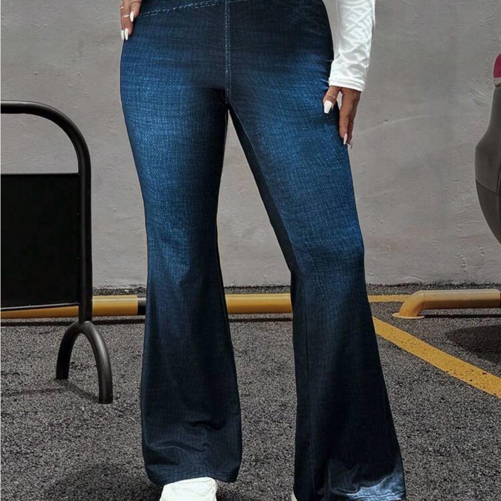 Blue Denim Effect Stretch Flare Jeans